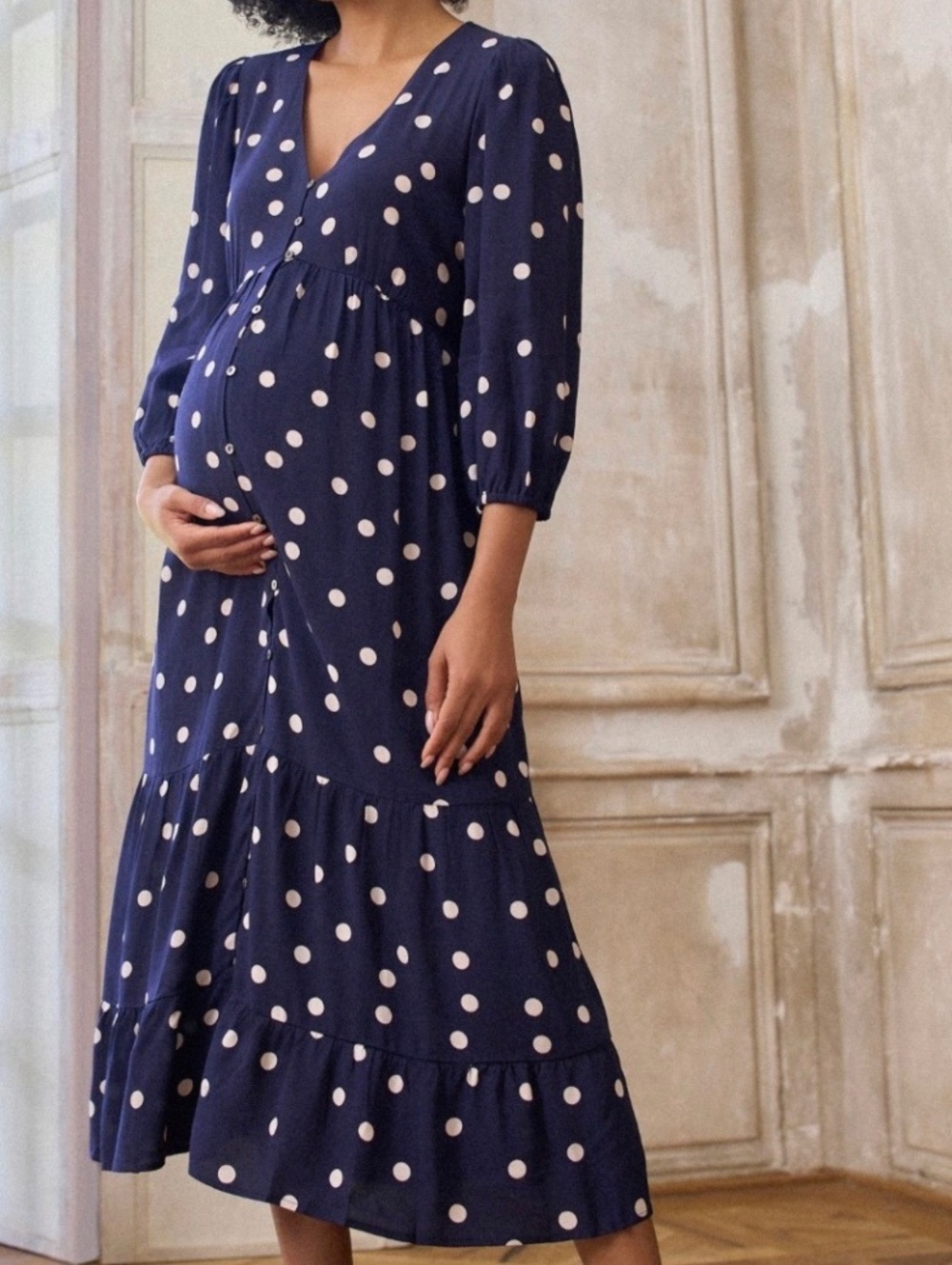 Seraphine Navy Blue Polka Dot Button Through V-Neck Maternity & Nursing Dress